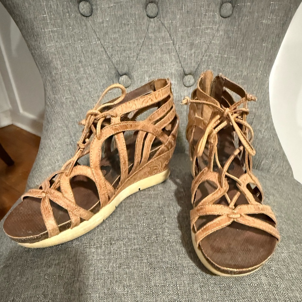 OTBT Tan Lace-Up Wedge Sandals